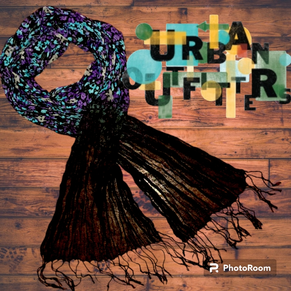 URBAN OUTFITTERS Long Semi-sheer Purple/Teal Floral Fade to Black Fringed Scarf